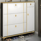 Grand meuble à chaussures d'entrée en bois gris avec finitions dorées