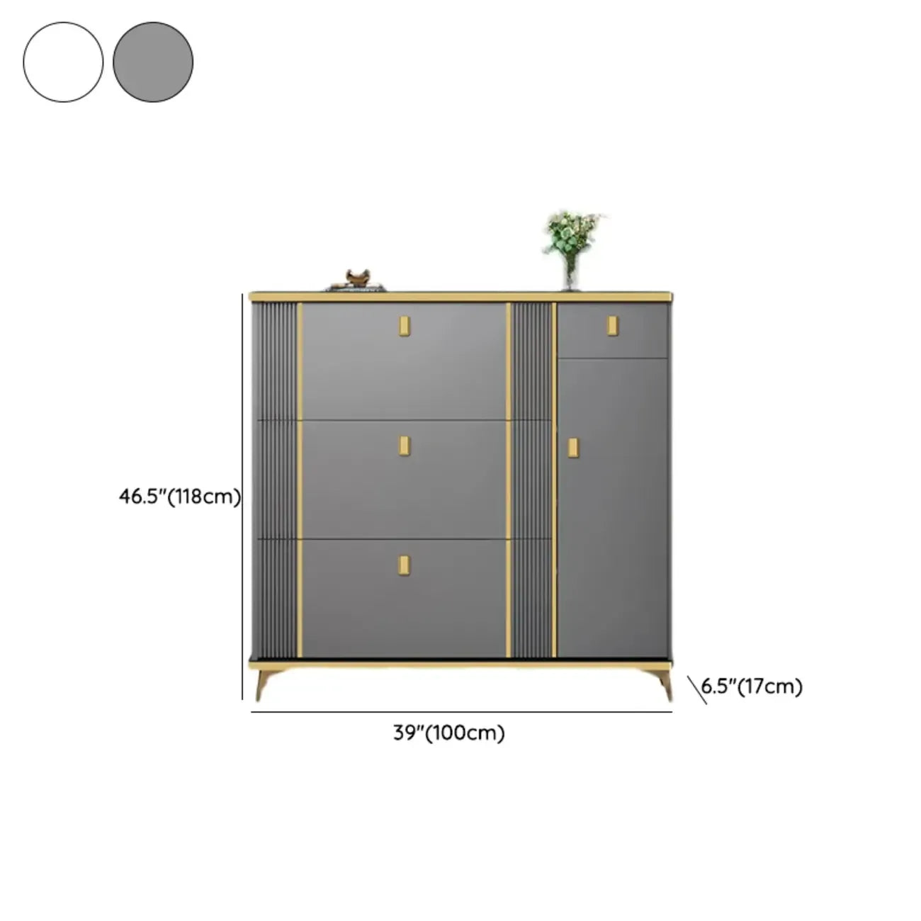 Grand meuble à chaussures d'entrée en bois gris avec finitions dorées