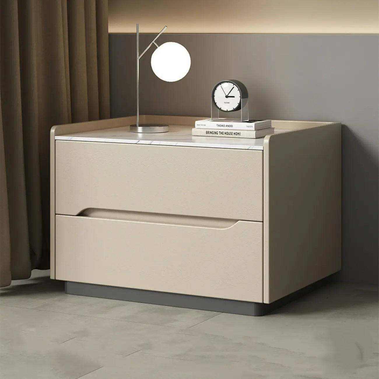 Table de chevet moderne à deux tiroirs en cuir kaki et plateau en pierre
