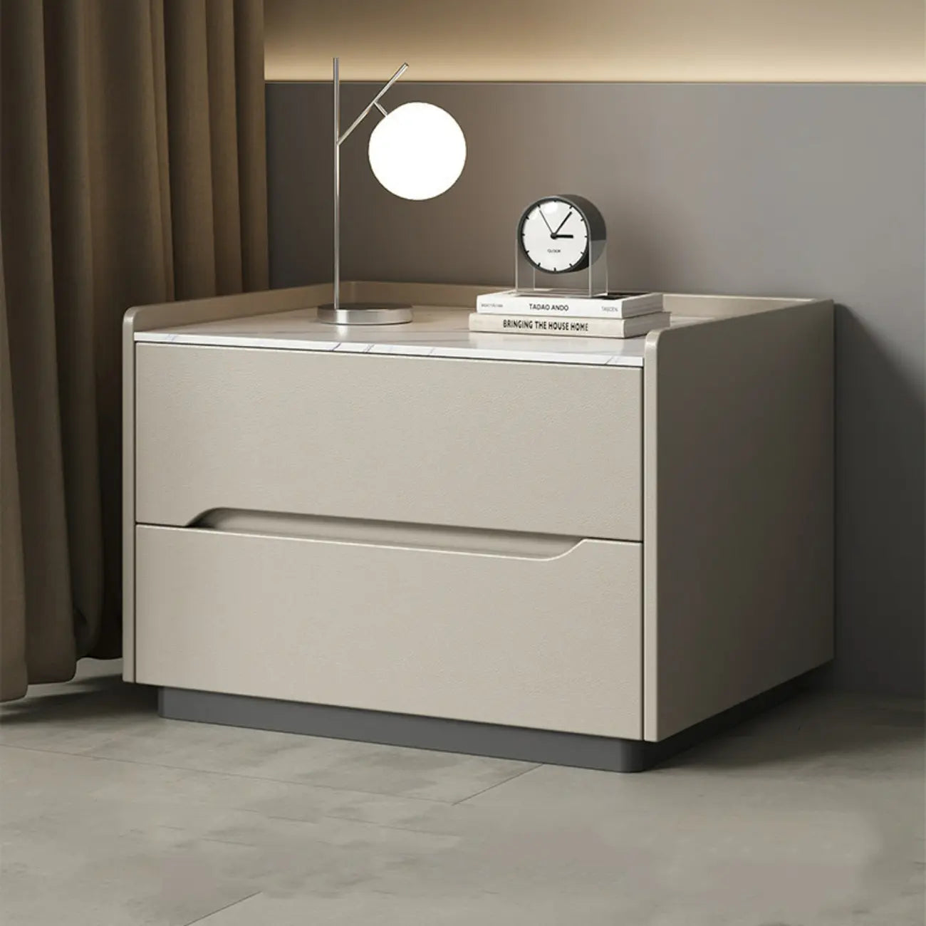 Table de chevet moderne à deux tiroirs en cuir kaki et plateau en pierre