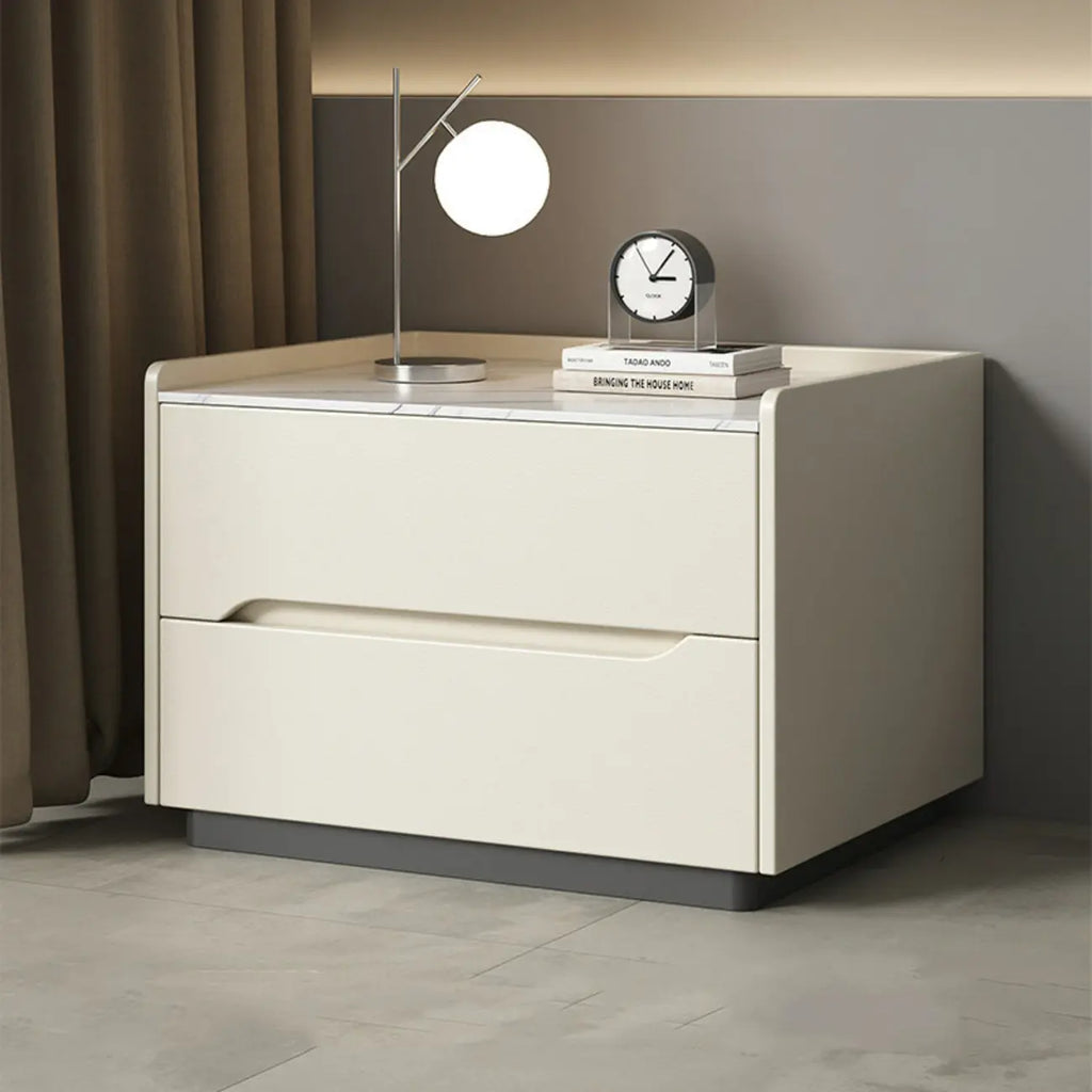 Table de chevet moderne à deux tiroirs en cuir kaki et plateau en pierre