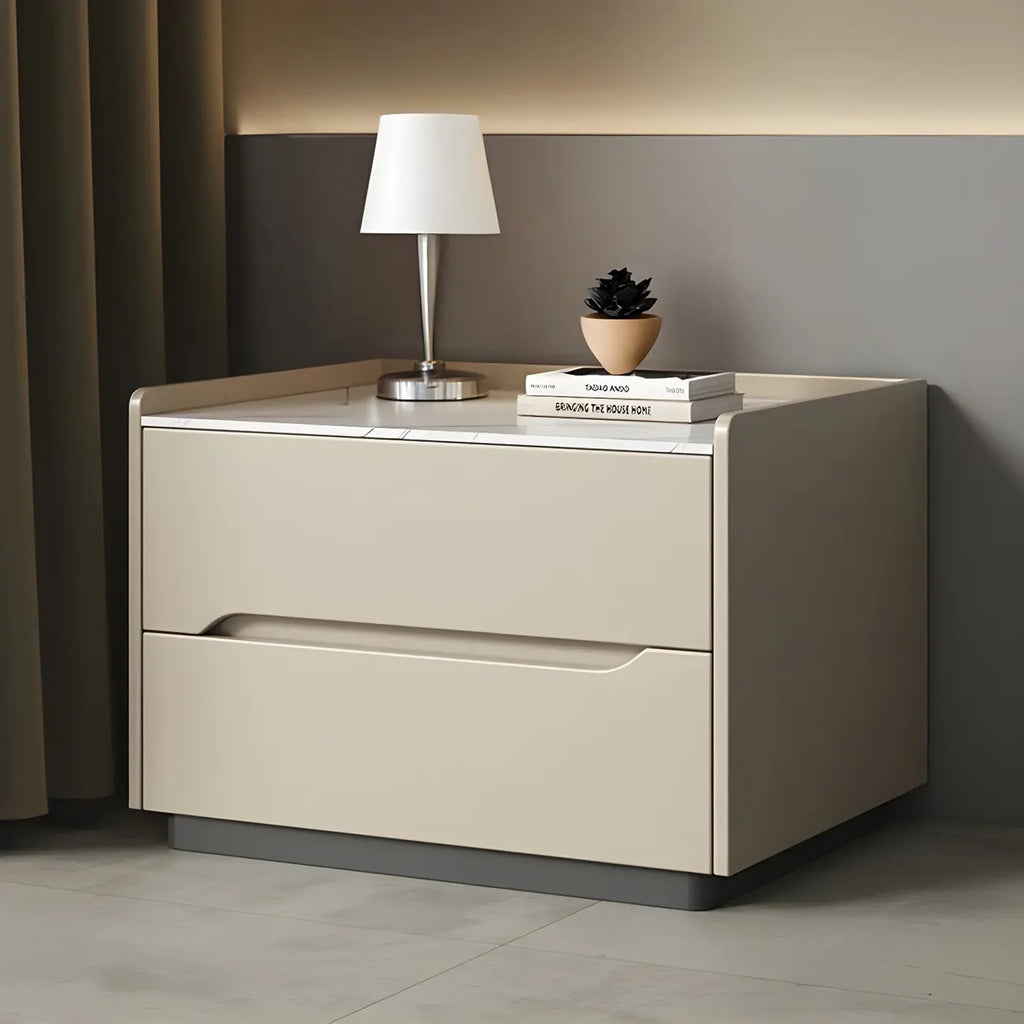 Table de chevet moderne à deux tiroirs en cuir kaki et plateau en pierre