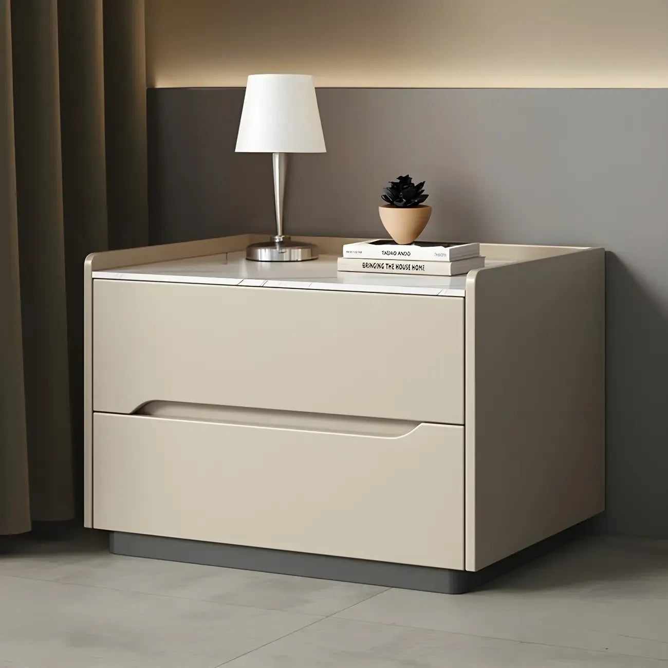 Table de chevet moderne à deux tiroirs en cuir kaki et plateau en pierre