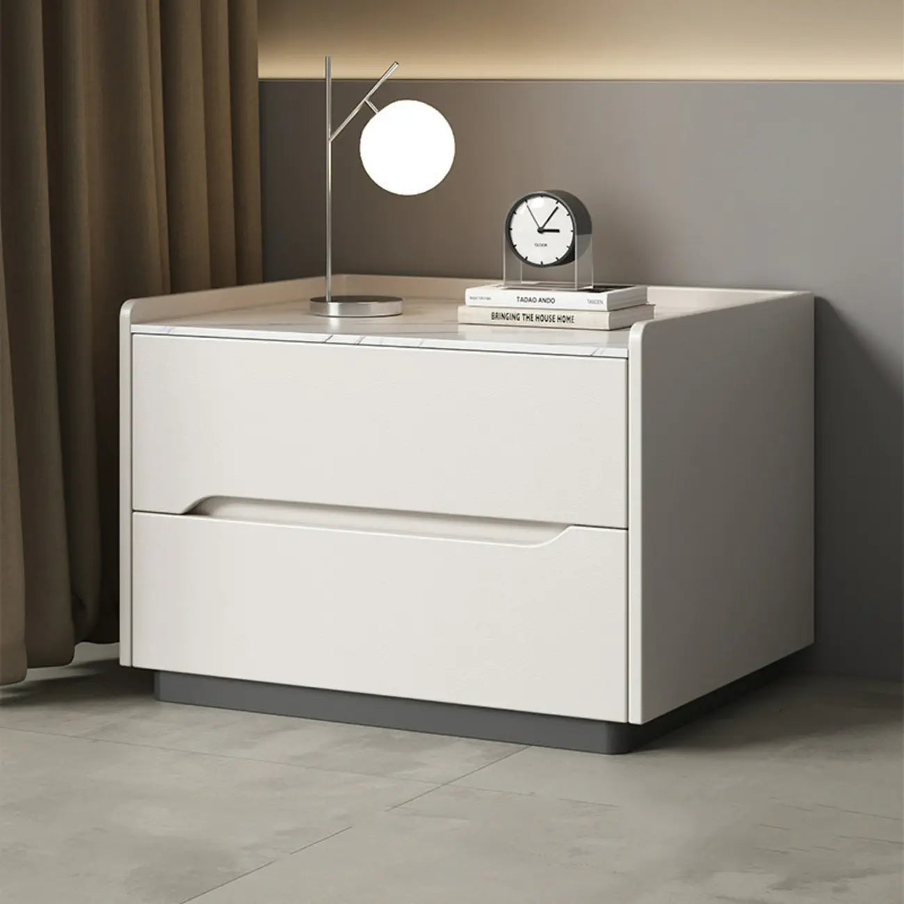 Table de chevet moderne à deux tiroirs en cuir kaki et plateau en pierre