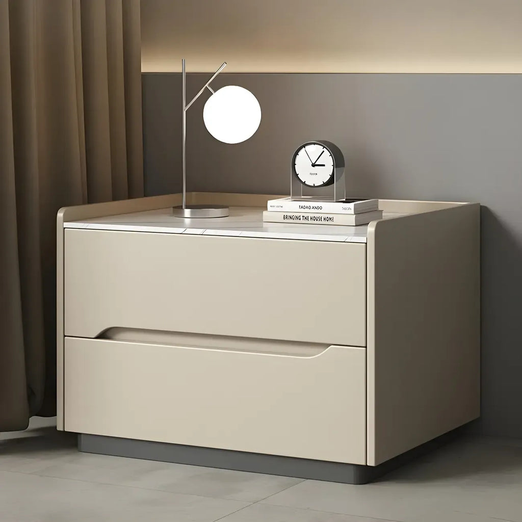 Table de chevet moderne à deux tiroirs en cuir kaki et plateau en pierre