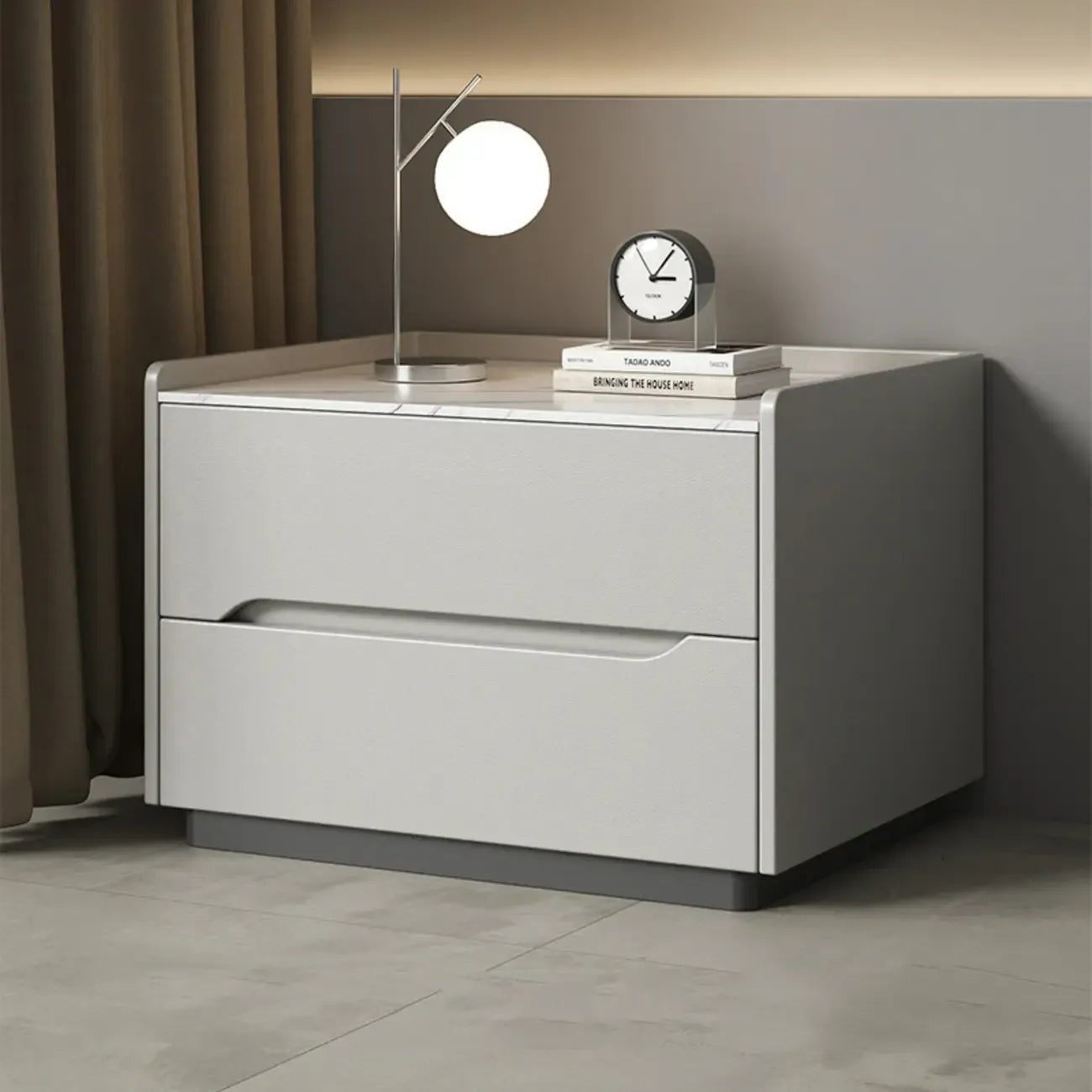 Table de chevet moderne à deux tiroirs en cuir kaki et plateau en pierre