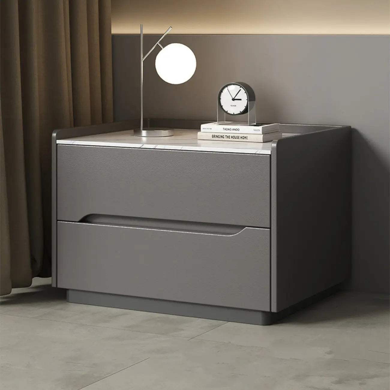 Table de chevet moderne à deux tiroirs en cuir kaki et plateau en pierre