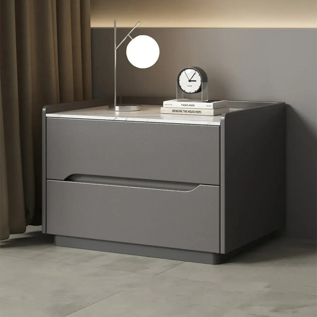 Table de chevet moderne à deux tiroirs en cuir kaki et plateau en pierre
