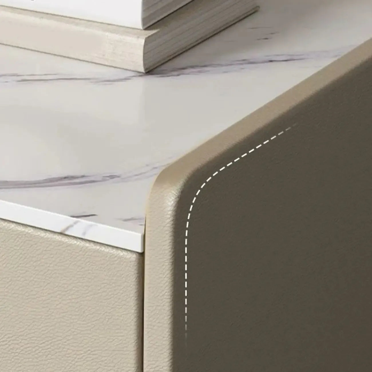 Table de chevet moderne à deux tiroirs en cuir kaki et plateau en pierre