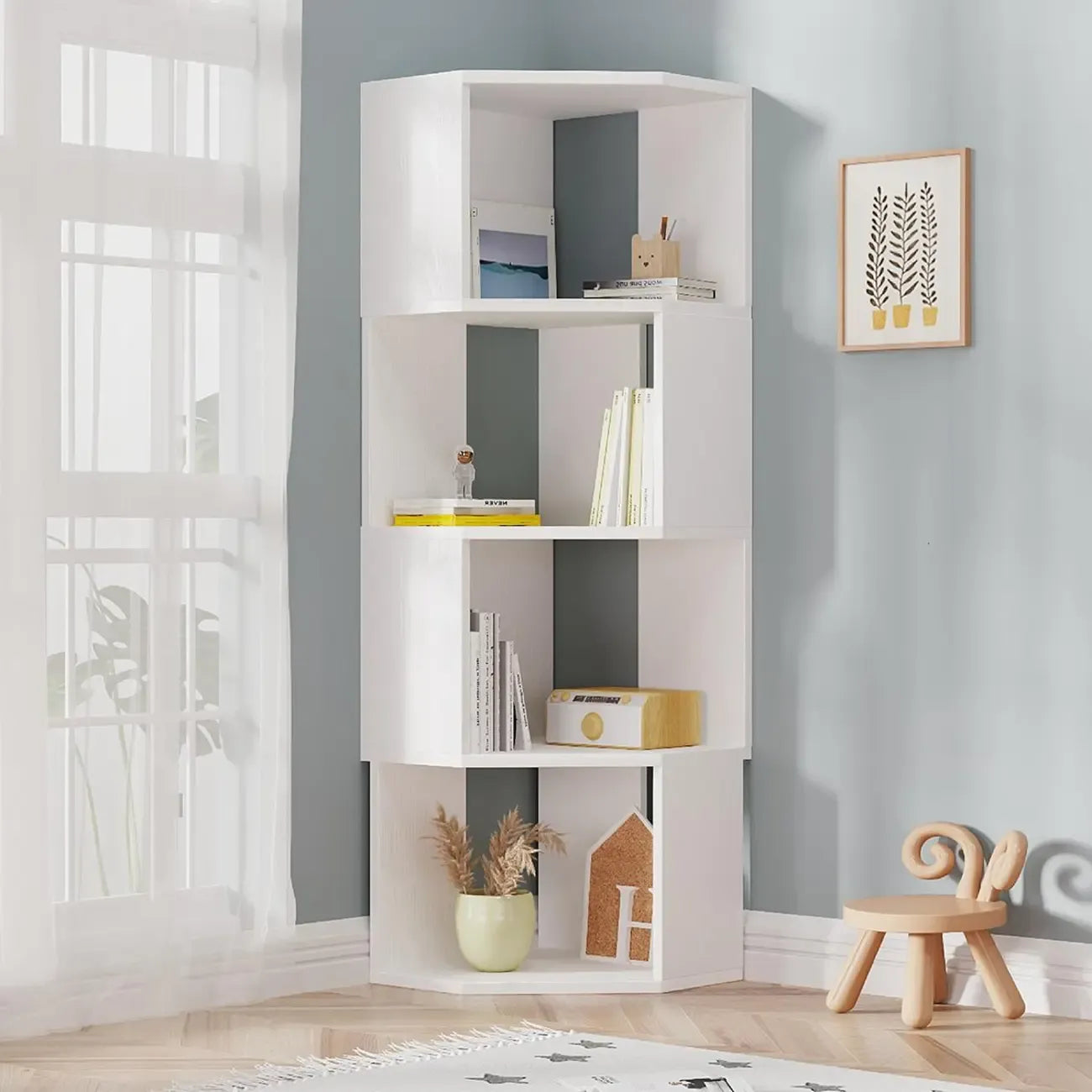 Bibliothèque d'angle moderne à 7 étagères en bois blanc