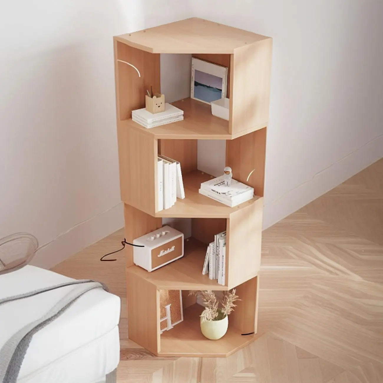 Bibliothèque d'angle moderne à 7 étagères en bois blanc