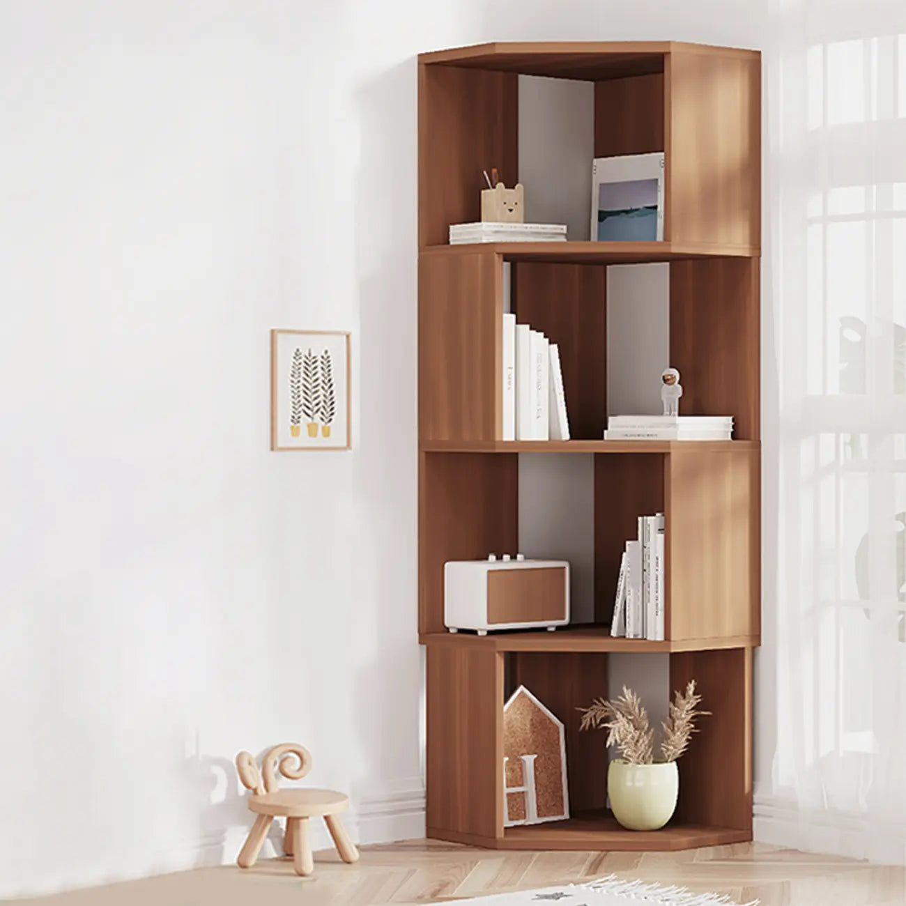 Bibliothèque d'angle moderne à 7 étagères en bois blanc