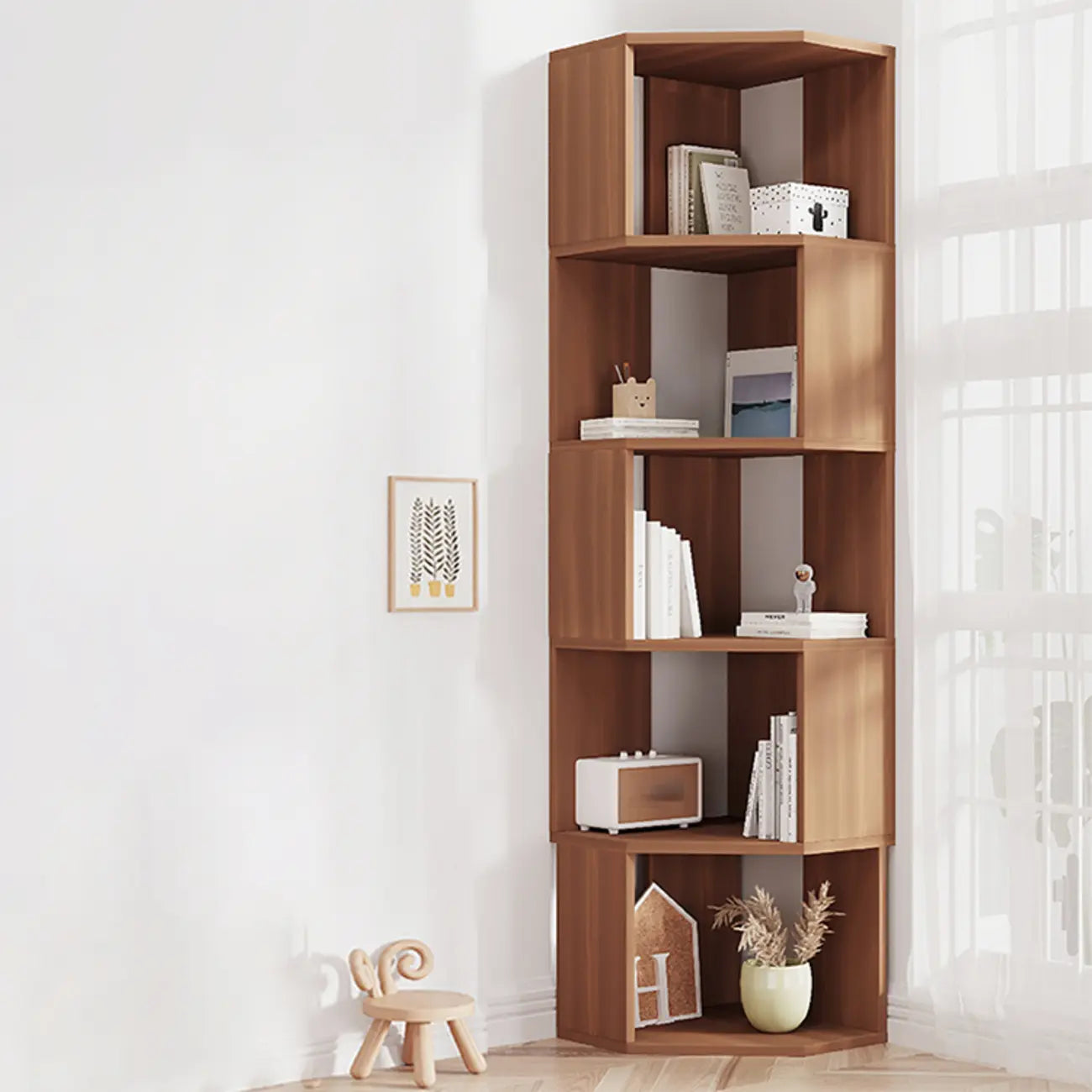 Bibliothèque d'angle moderne à 7 étagères en bois blanc