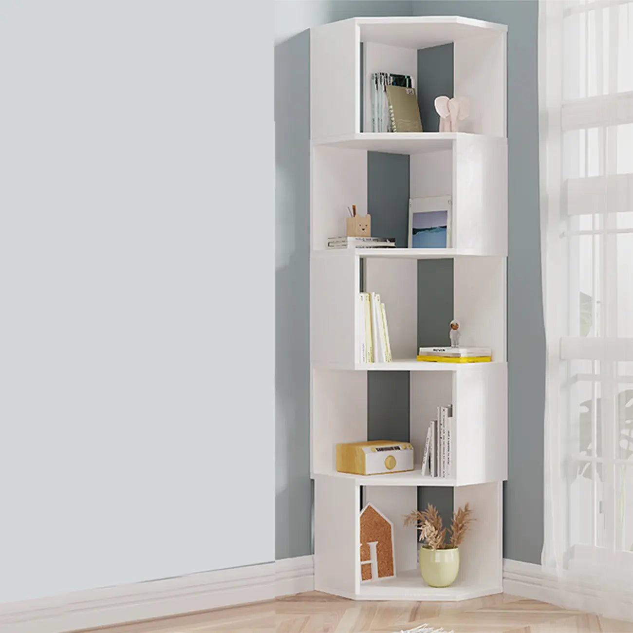 Bibliothèque d'angle moderne à 7 étagères en bois blanc