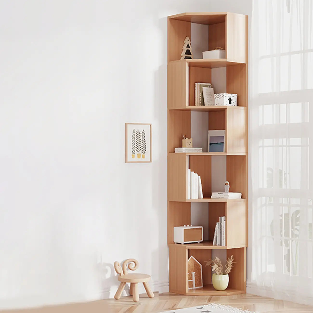 Bibliothèque d'angle moderne à 7 étagères en bois blanc