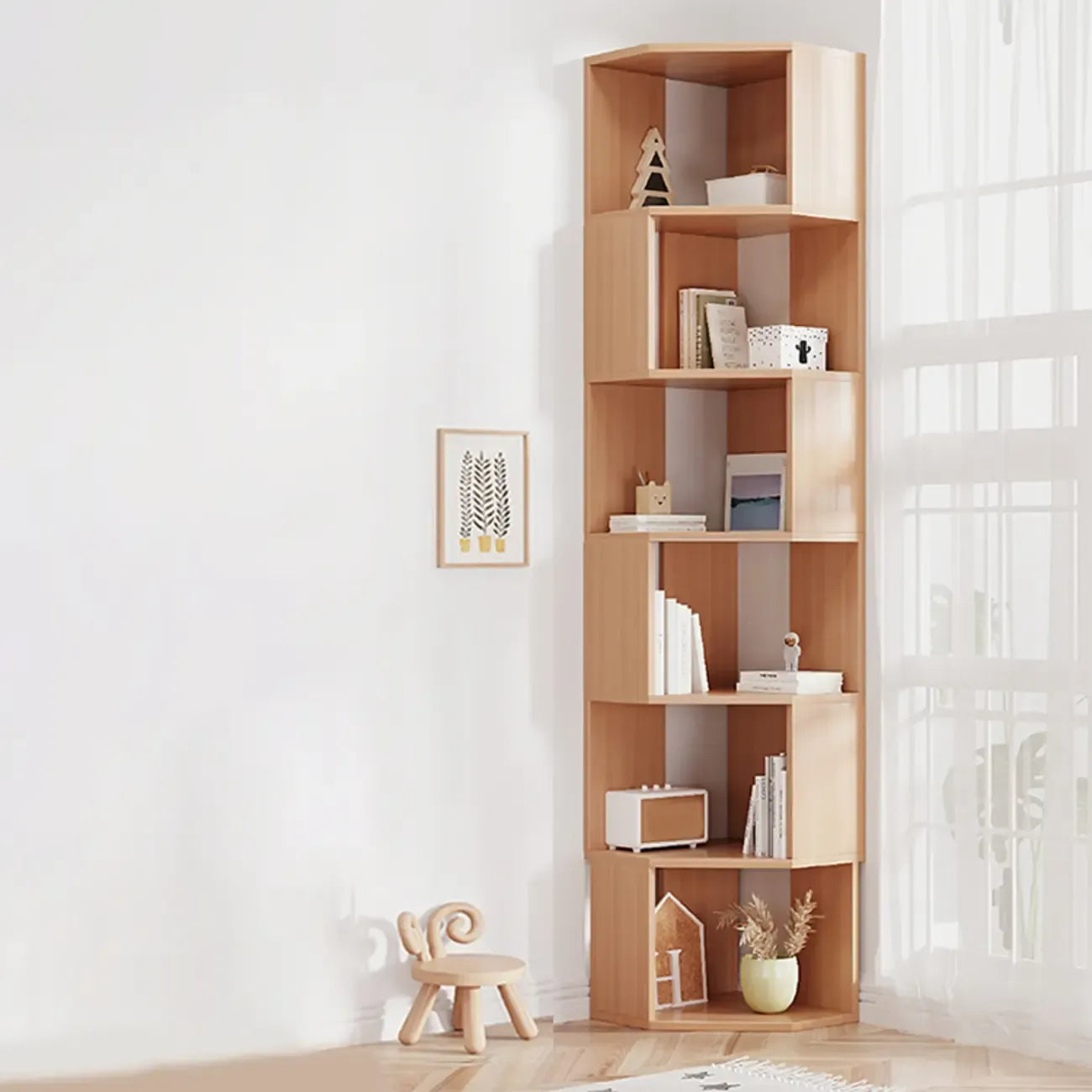 Bibliothèque d'angle moderne à 7 étagères en bois blanc