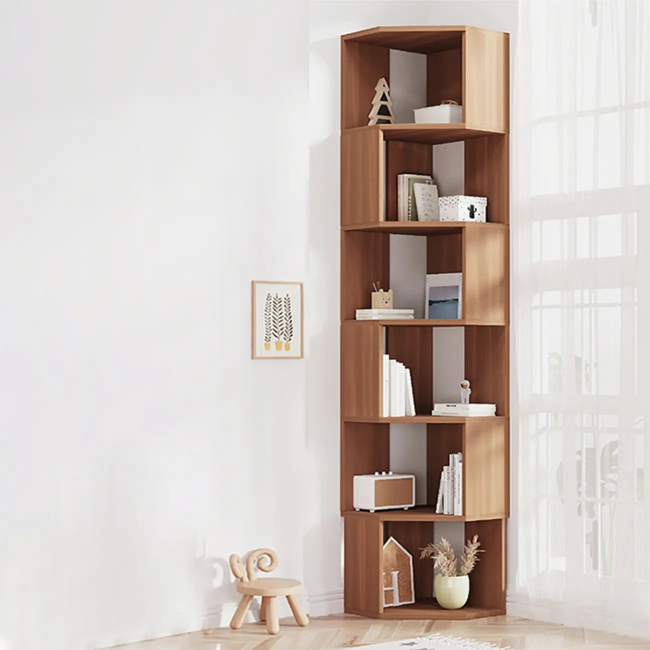 Bibliothèque d'angle moderne à 7 étagères en bois blanc