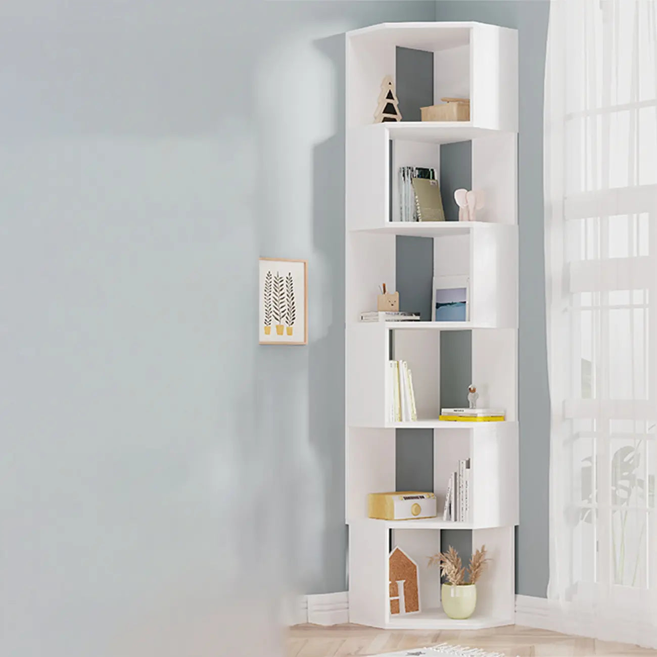 Bibliothèque d'angle moderne à 7 étagères en bois blanc