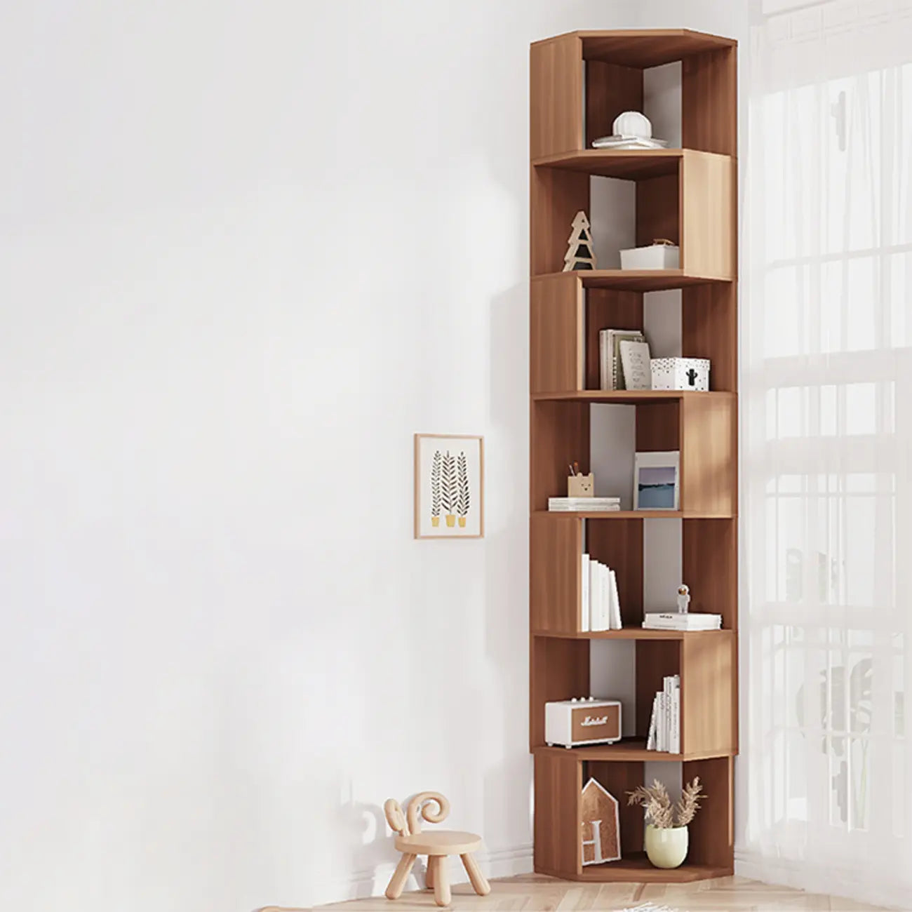 Bibliothèque d'angle moderne à 7 étagères en bois blanc