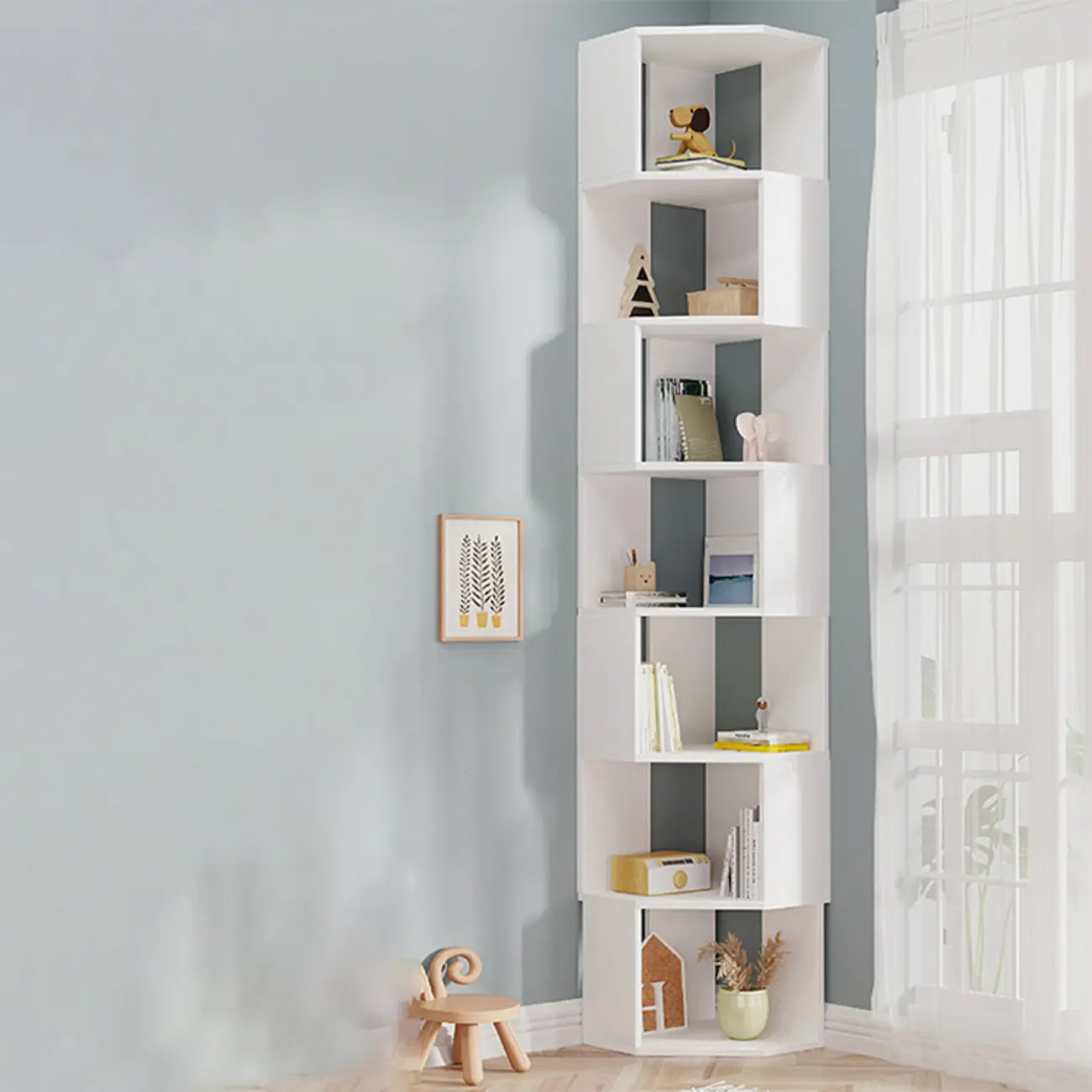 Bibliothèque d'angle moderne à 7 étagères en bois blanc
