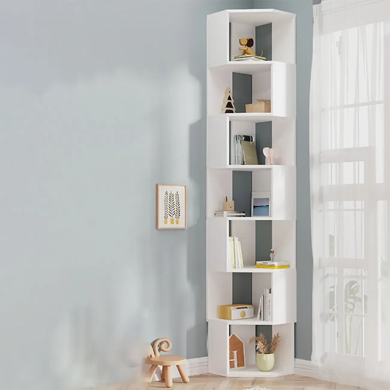 Bibliothèque d'angle moderne à 7 étagères en bois blanc