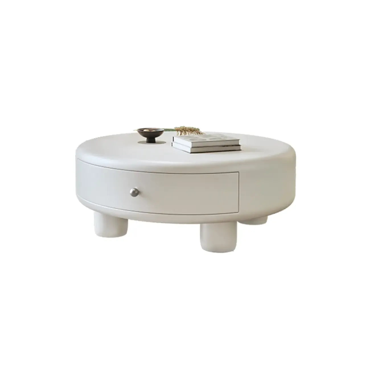 Table basse ronde élégante en bois crème avec tiroirs