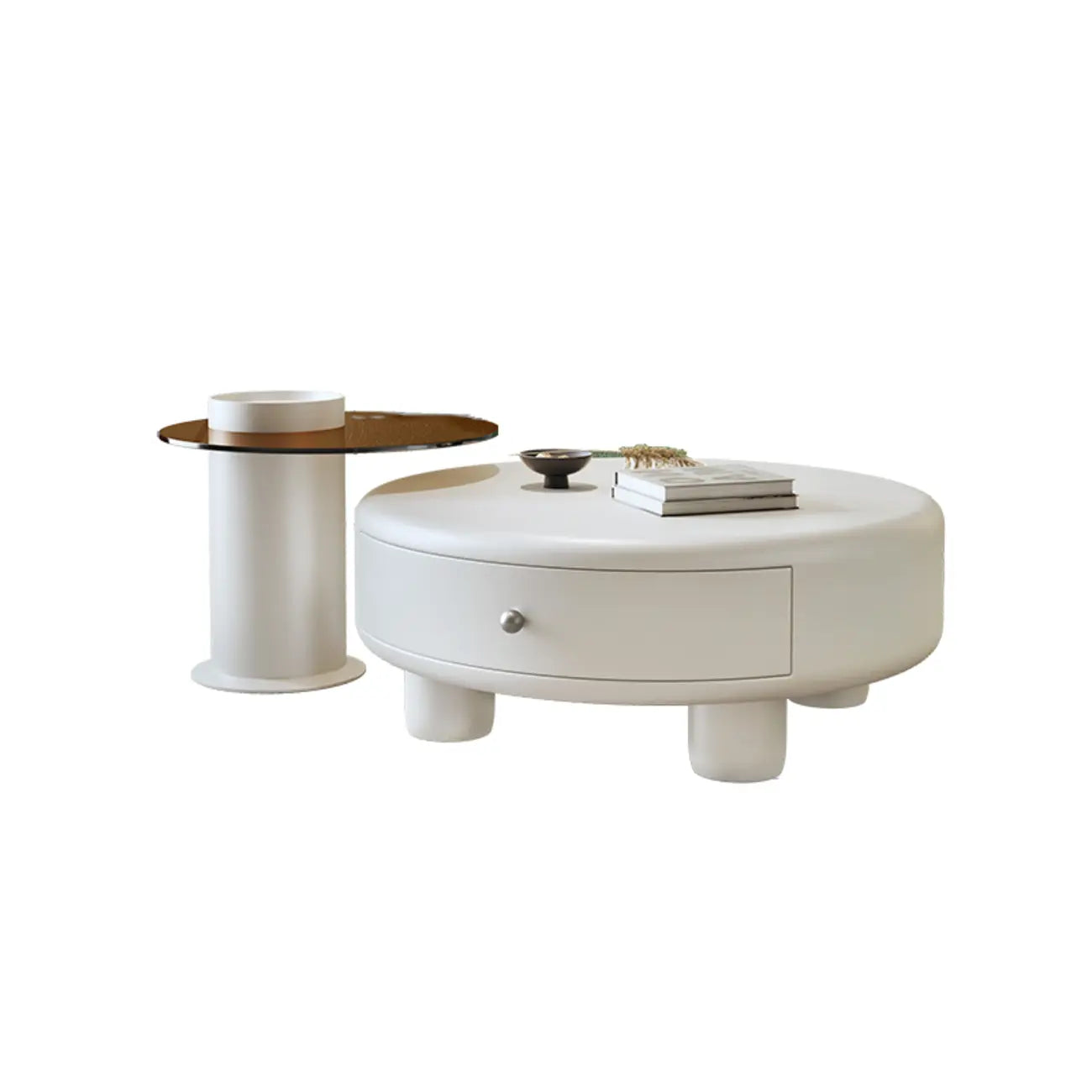 Table basse ronde élégante en bois crème avec tiroirs