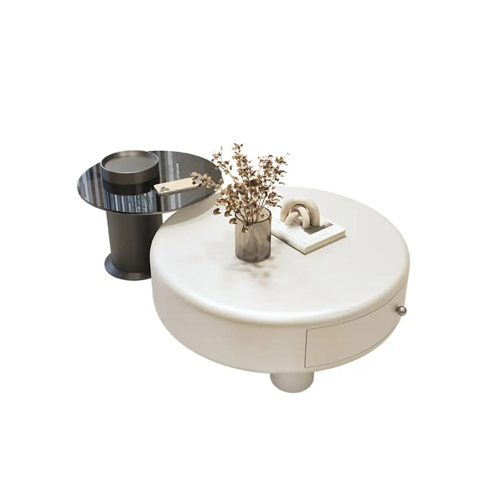 Table basse ronde élégante en bois crème avec tiroirs