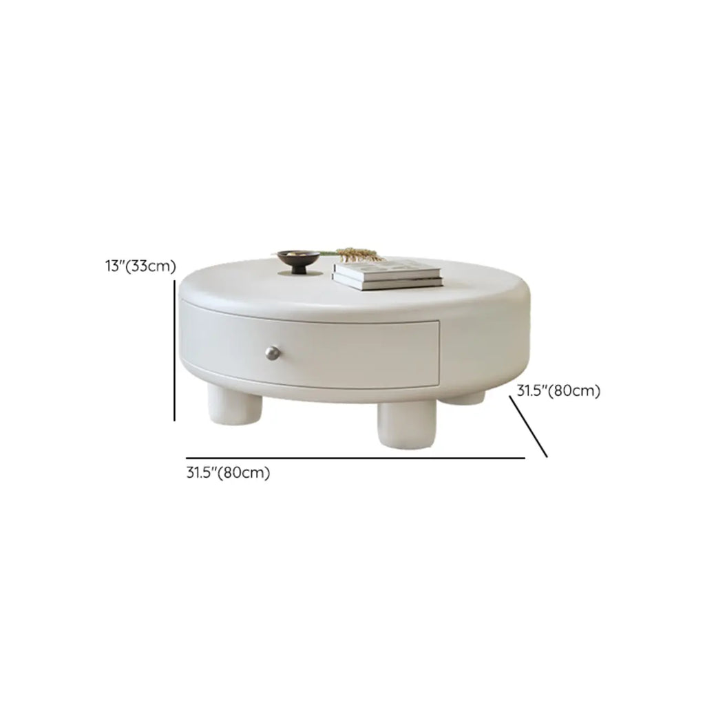 Table basse ronde élégante en bois crème avec tiroirs