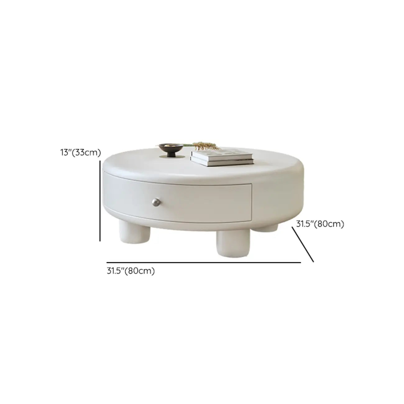 Table basse ronde élégante en bois crème avec tiroirs