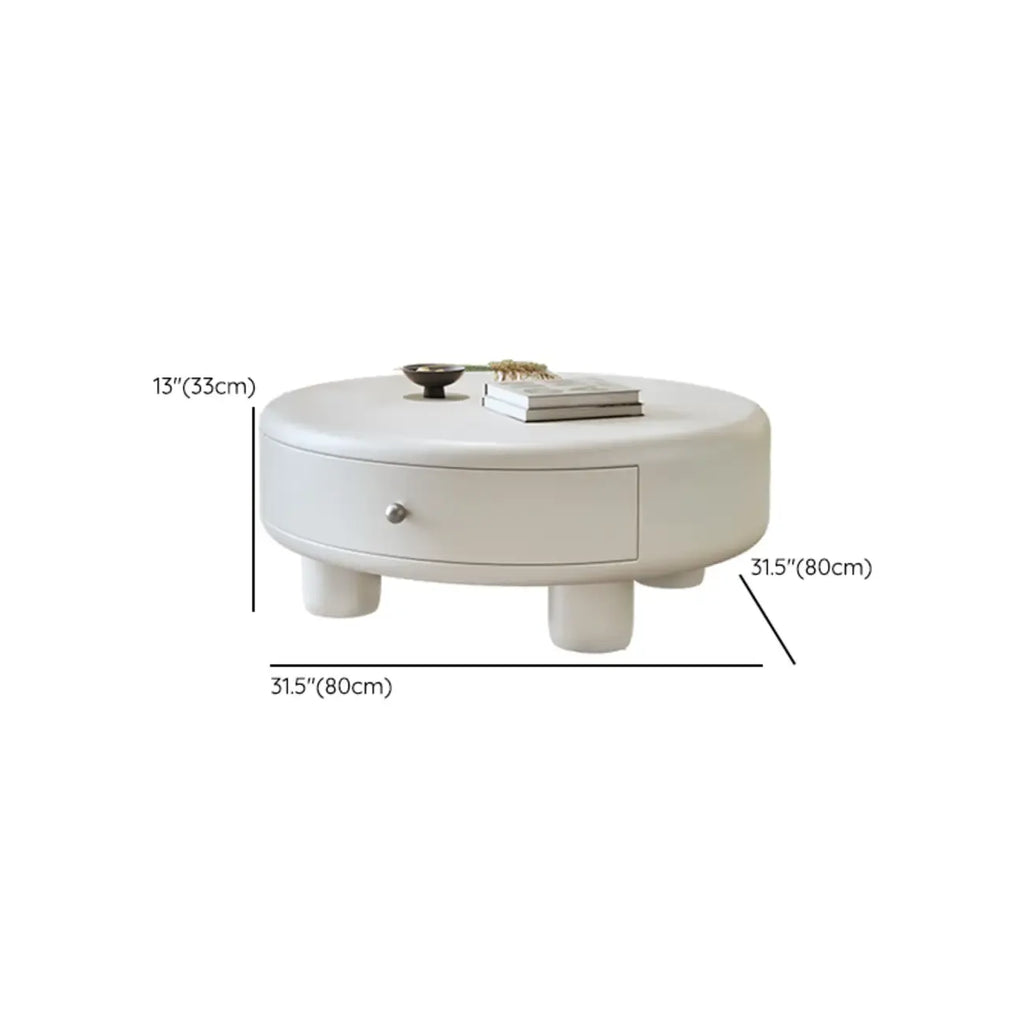 Table basse ronde élégante en bois crème avec tiroirs