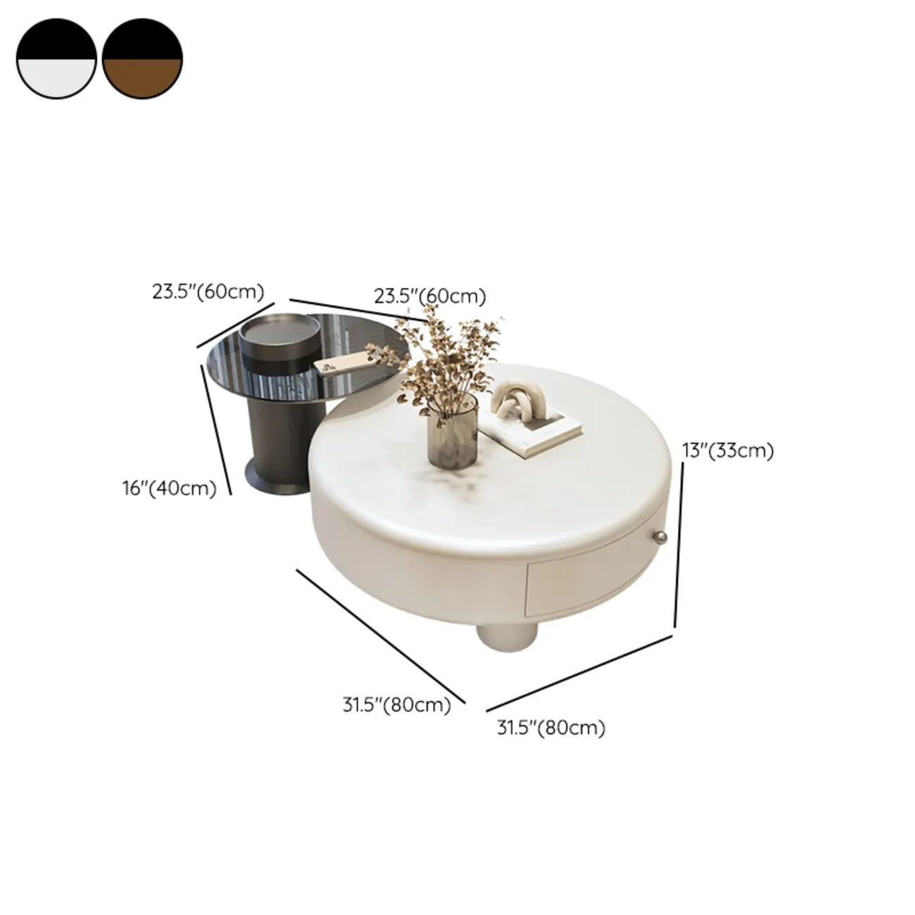Table basse ronde élégante en bois crème avec tiroirs