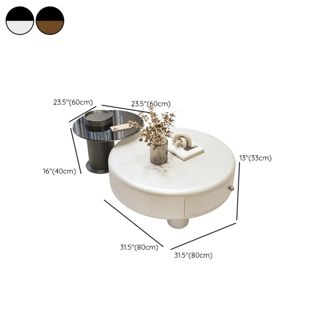Table basse ronde élégante en bois crème avec tiroirs