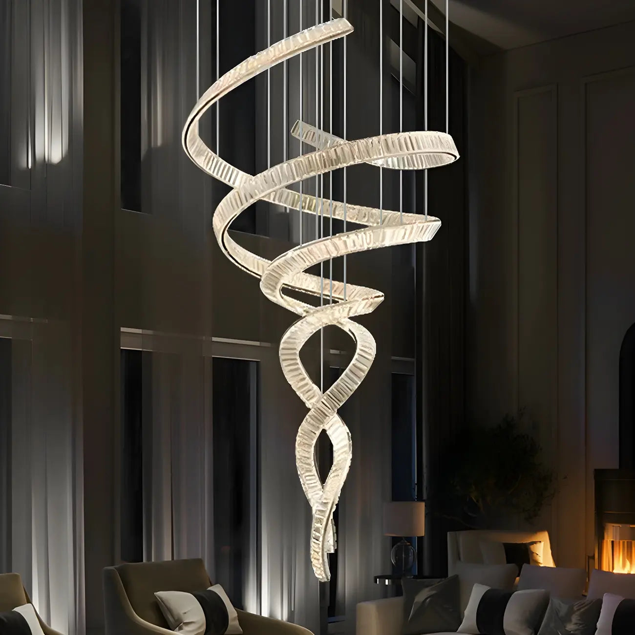 Lustre linéaire LED moderne en cristal spiralé artistique à intensité variable