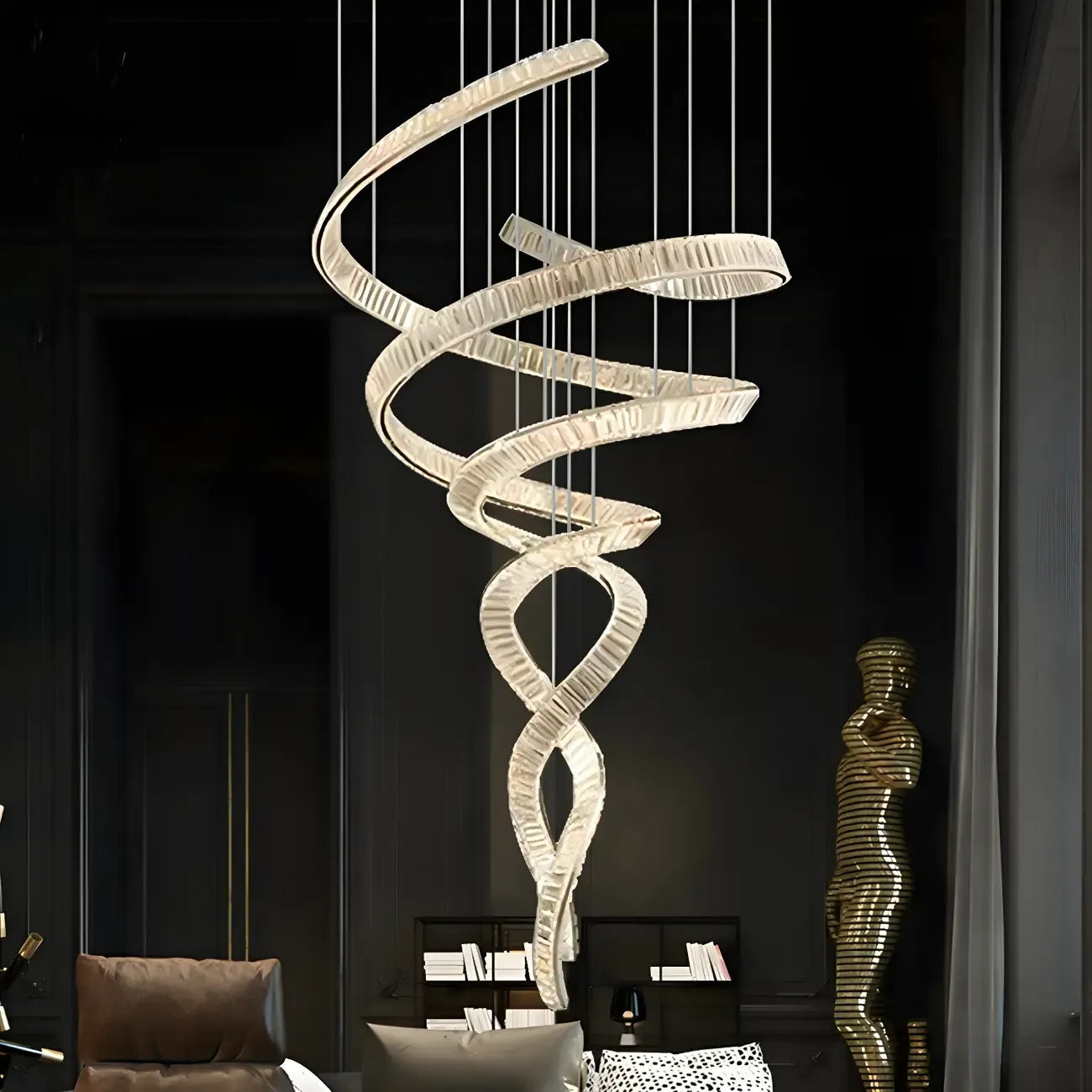 Lustre linéaire LED moderne en cristal spiralé artistique à intensité variable