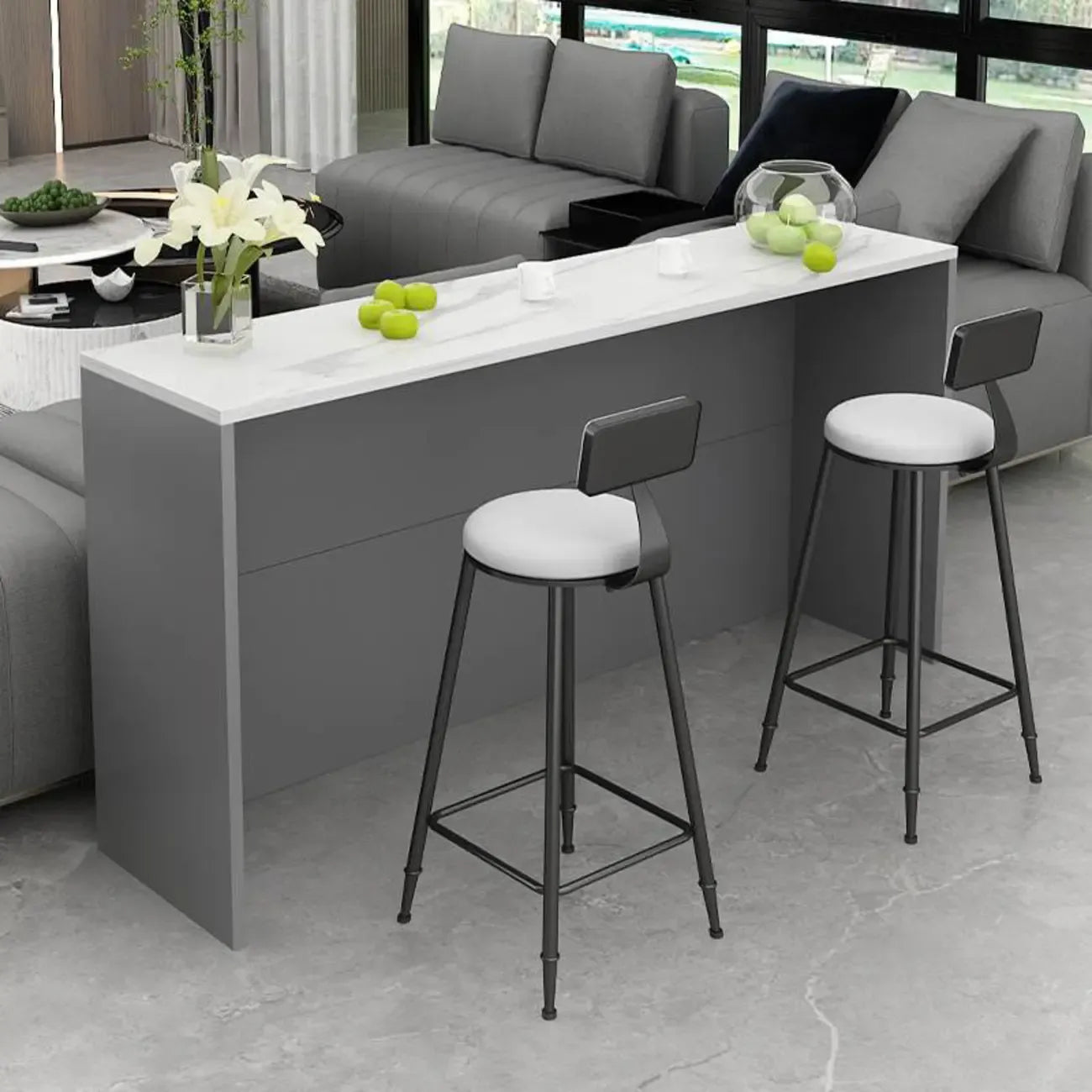 Table de bar élégante avec plateau en pierre et bois pour salon