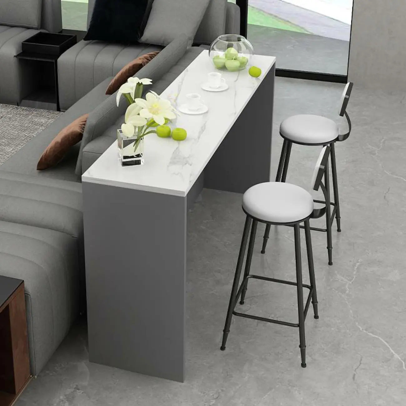 Table de bar élégante avec plateau en pierre et bois pour salon