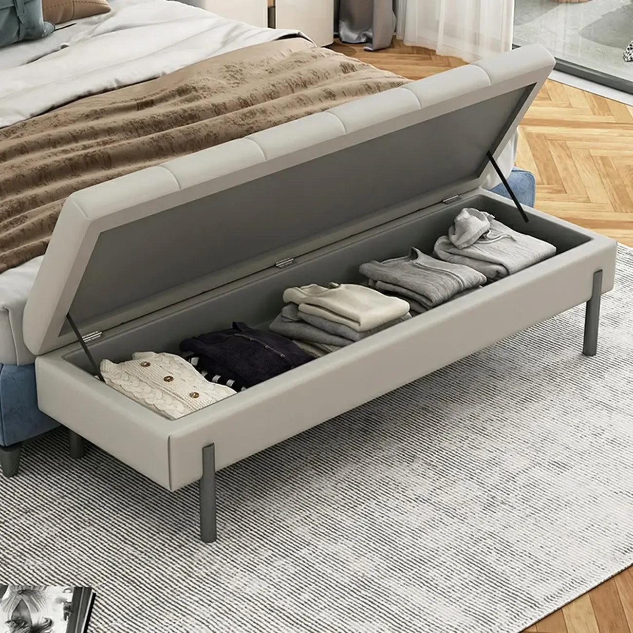 Banc de chambre moderne gris capitonné avec rangement dissimulé
