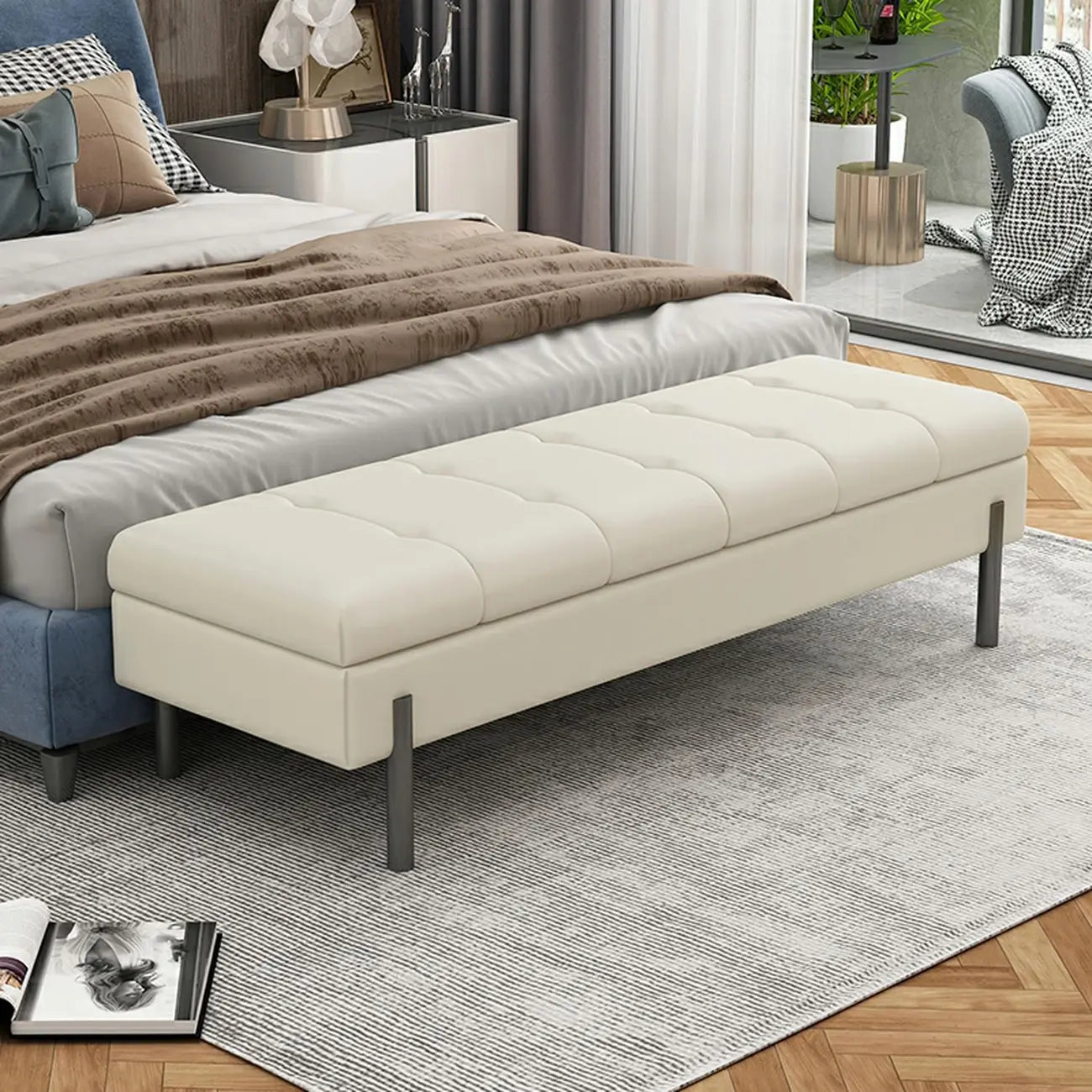 Banc de chambre moderne gris capitonné avec rangement dissimulé