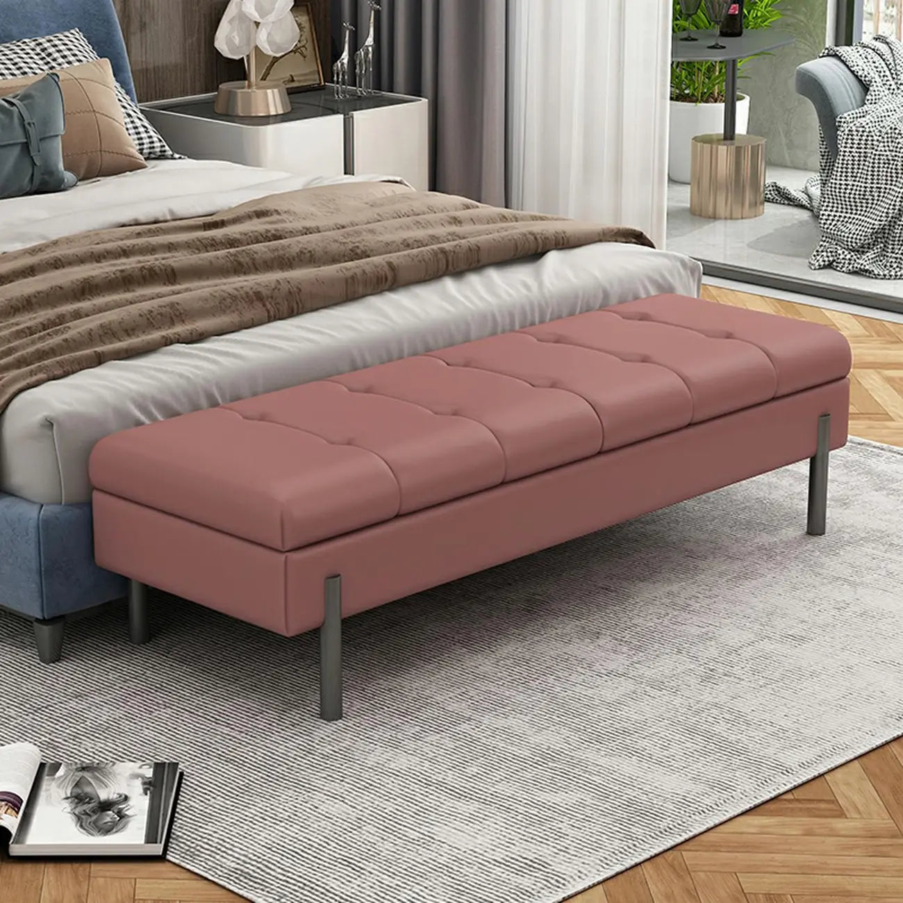 Banc de chambre moderne gris capitonné avec rangement dissimulé