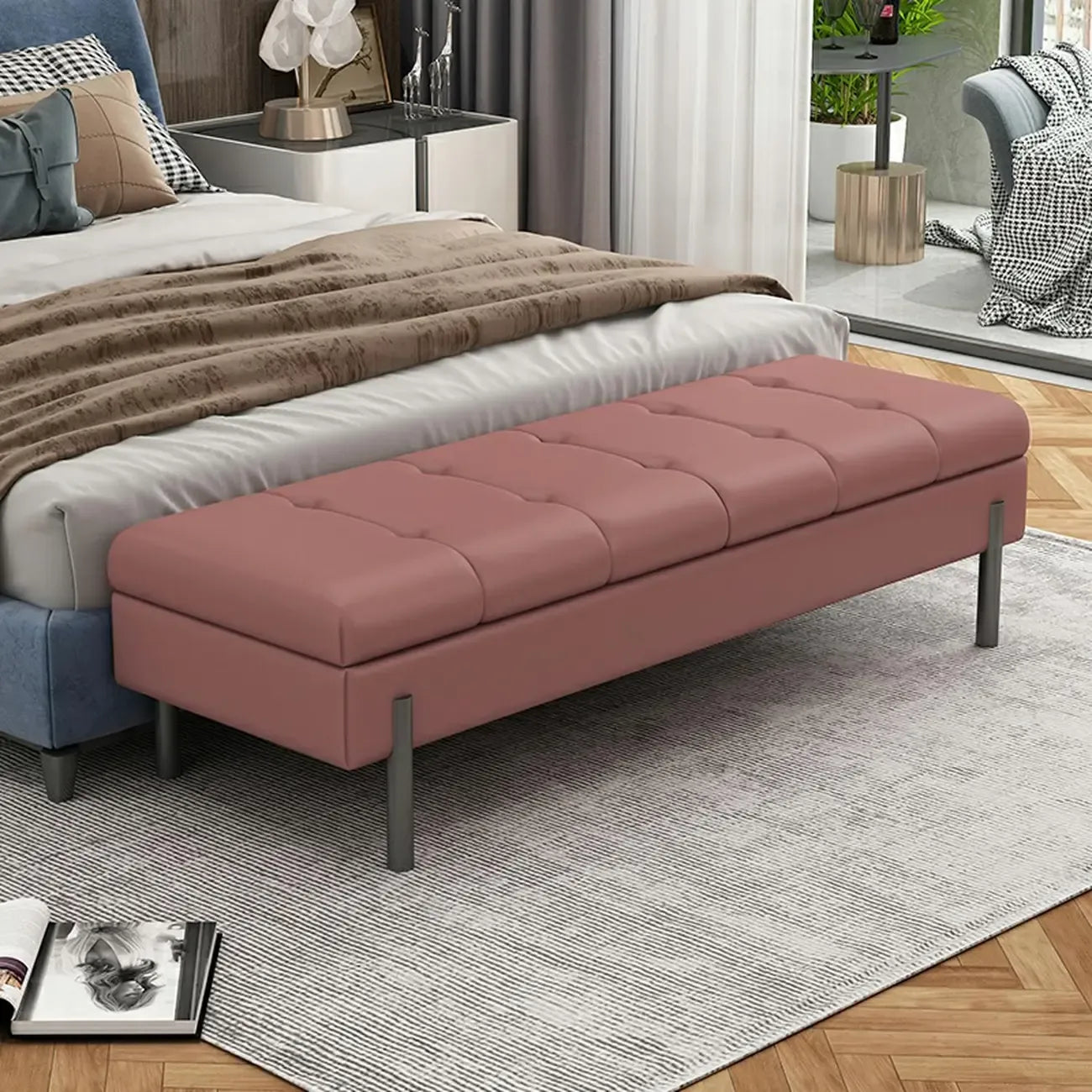 Banc de chambre moderne gris capitonné avec rangement dissimulé