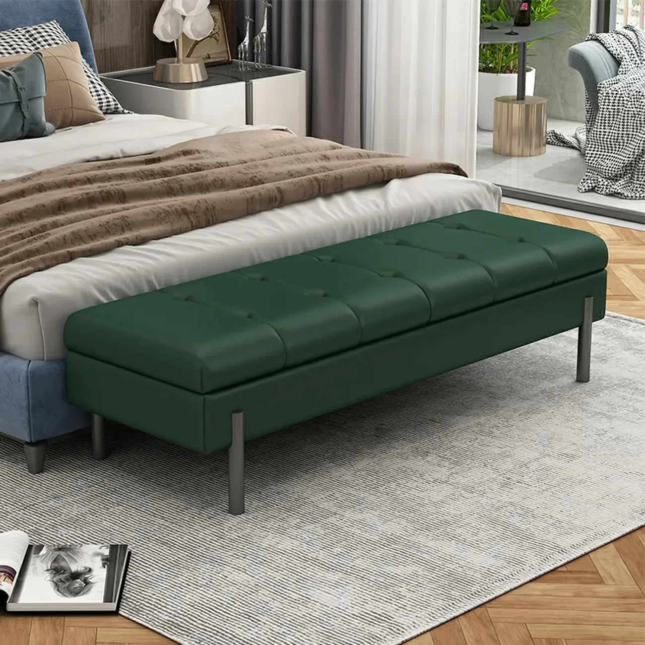 Banc de chambre moderne gris capitonné avec rangement dissimulé