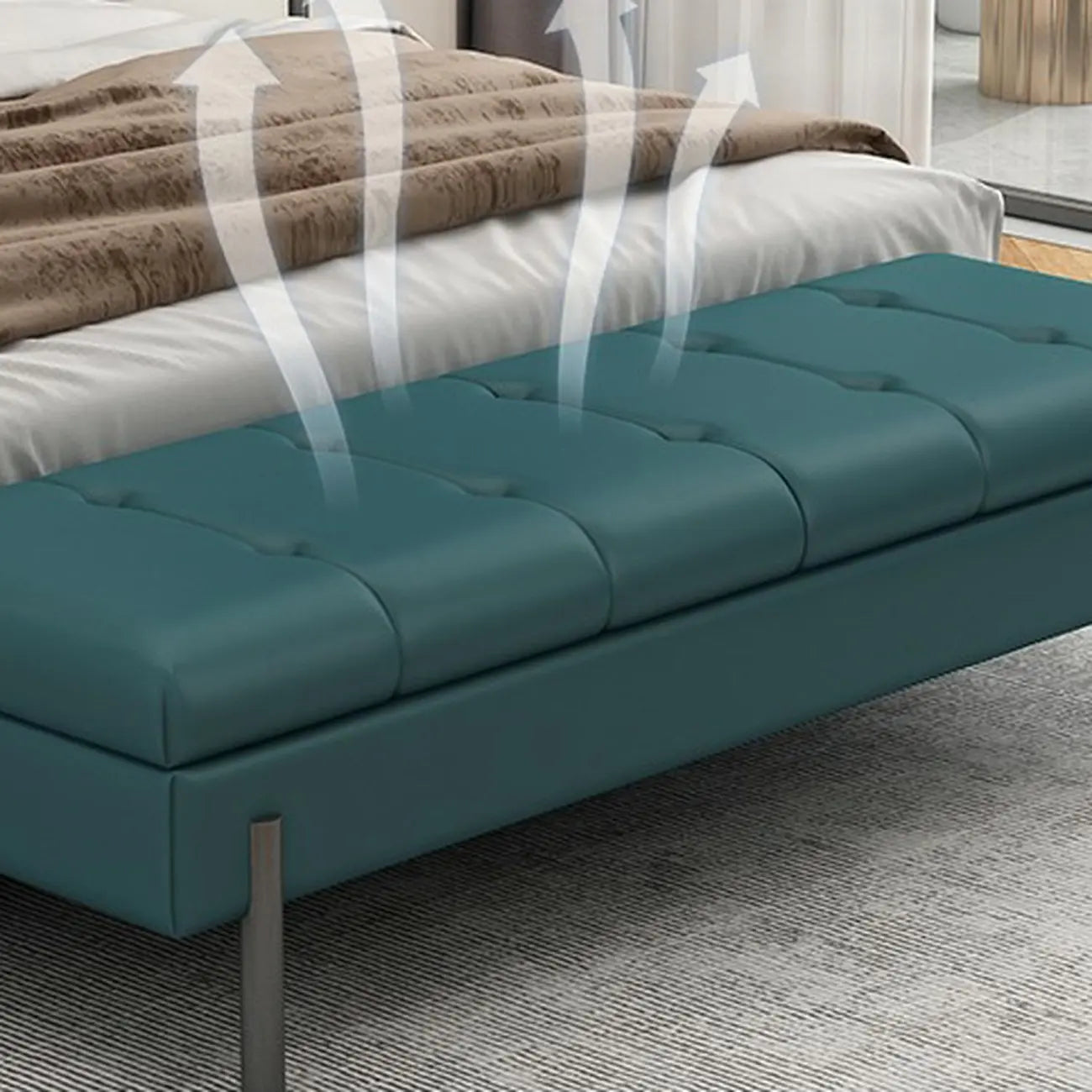 Banc de chambre moderne gris capitonné avec rangement dissimulé