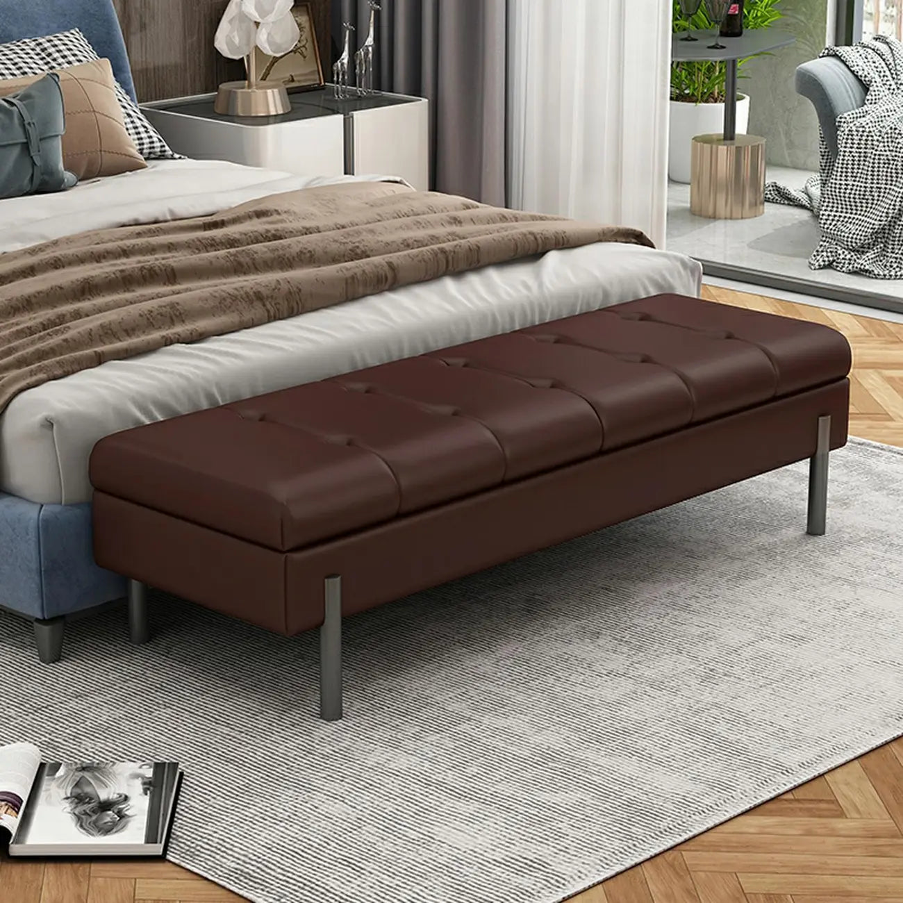 Banc de chambre moderne gris capitonné avec rangement dissimulé