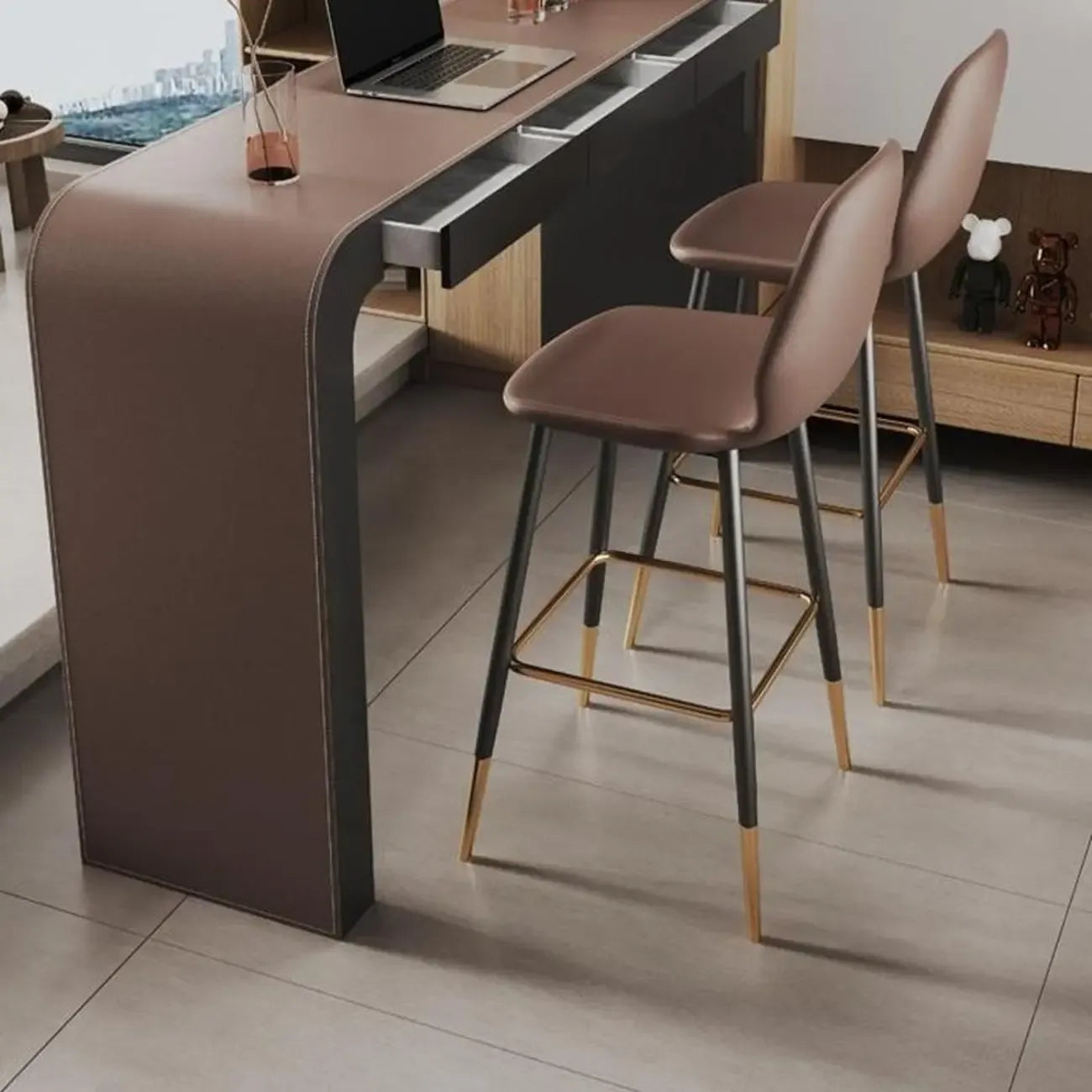 Tables de bar modernes en cuir marron et bois courbé avec 3 tiroirs