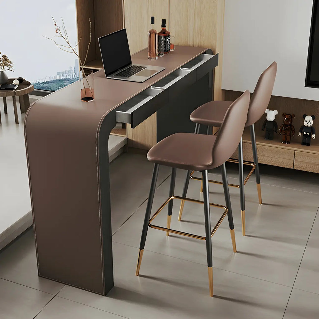 Tables de bar modernes en cuir marron et bois courbé avec 3 tiroirs