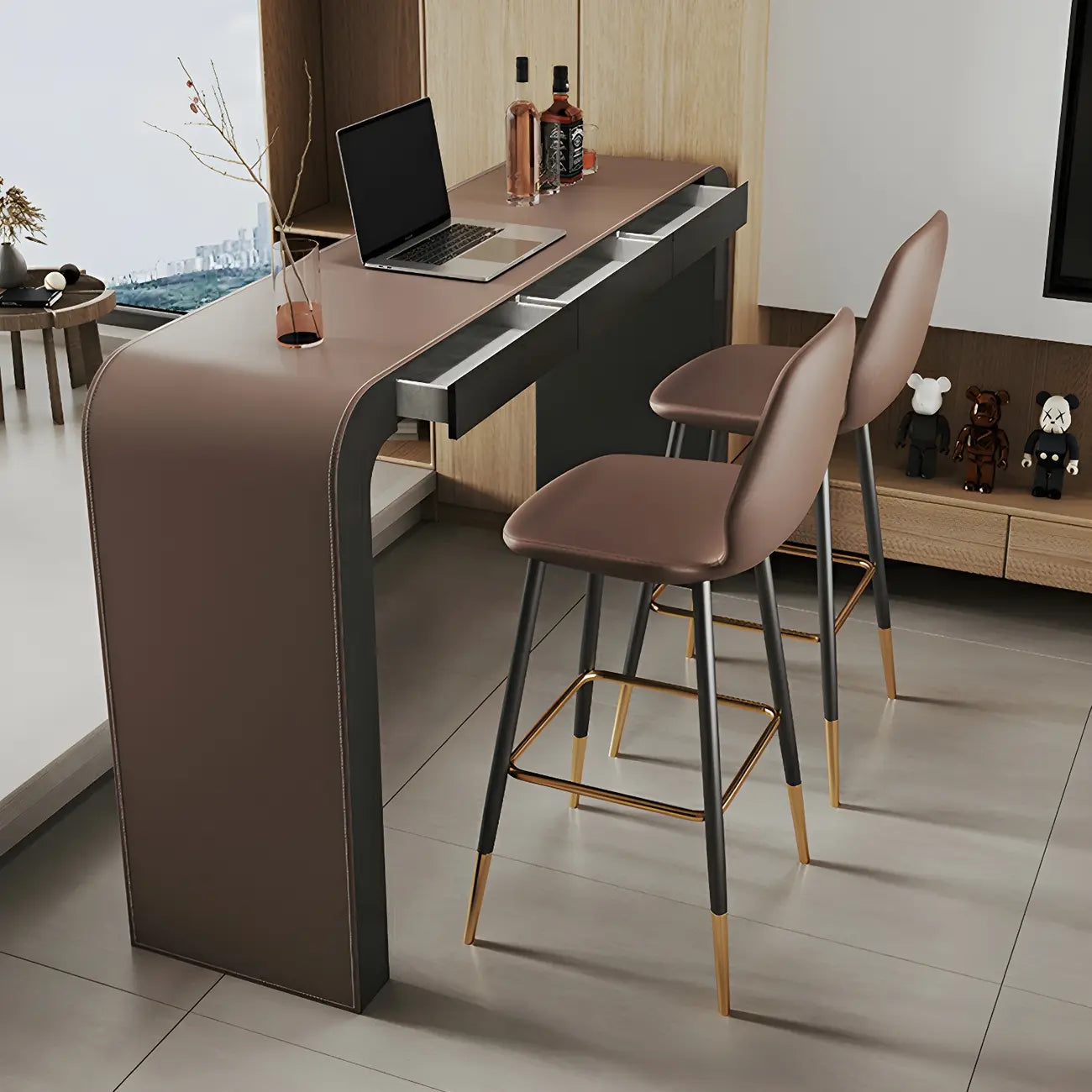 Tables de bar modernes en cuir marron et bois courbé avec 3 tiroirs