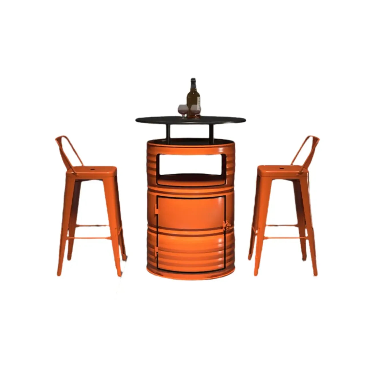 Tables de bar industrielles noires et oranges pour le rangement de fûts en métal