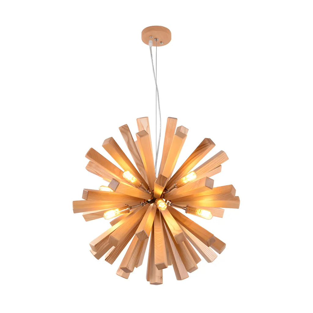 Lustre en bois style moderne du milieu du siècle, forme d'étoile, lumière chaude