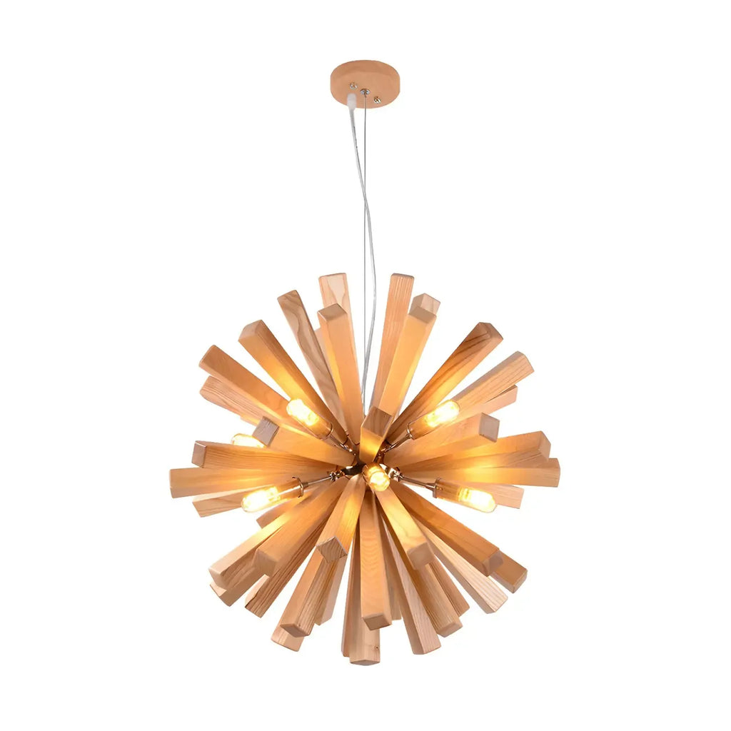 Lustre en bois style moderne du milieu du siècle, forme d'étoile, lumière chaude